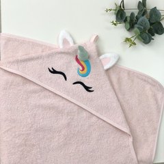 Полотенце с капюшоном для новорожденных розовое Единорог